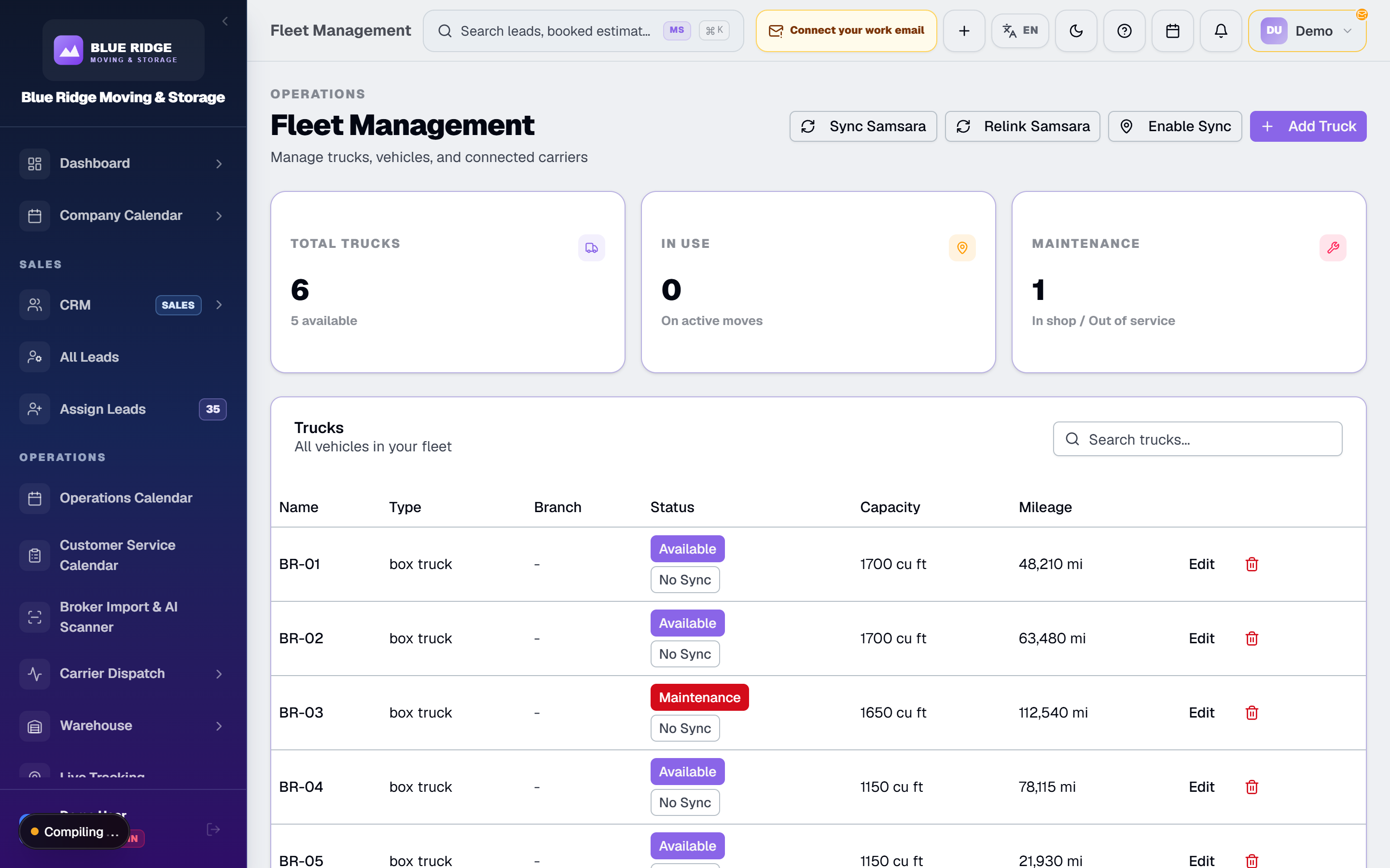 Fleet management screen listing moving trucks