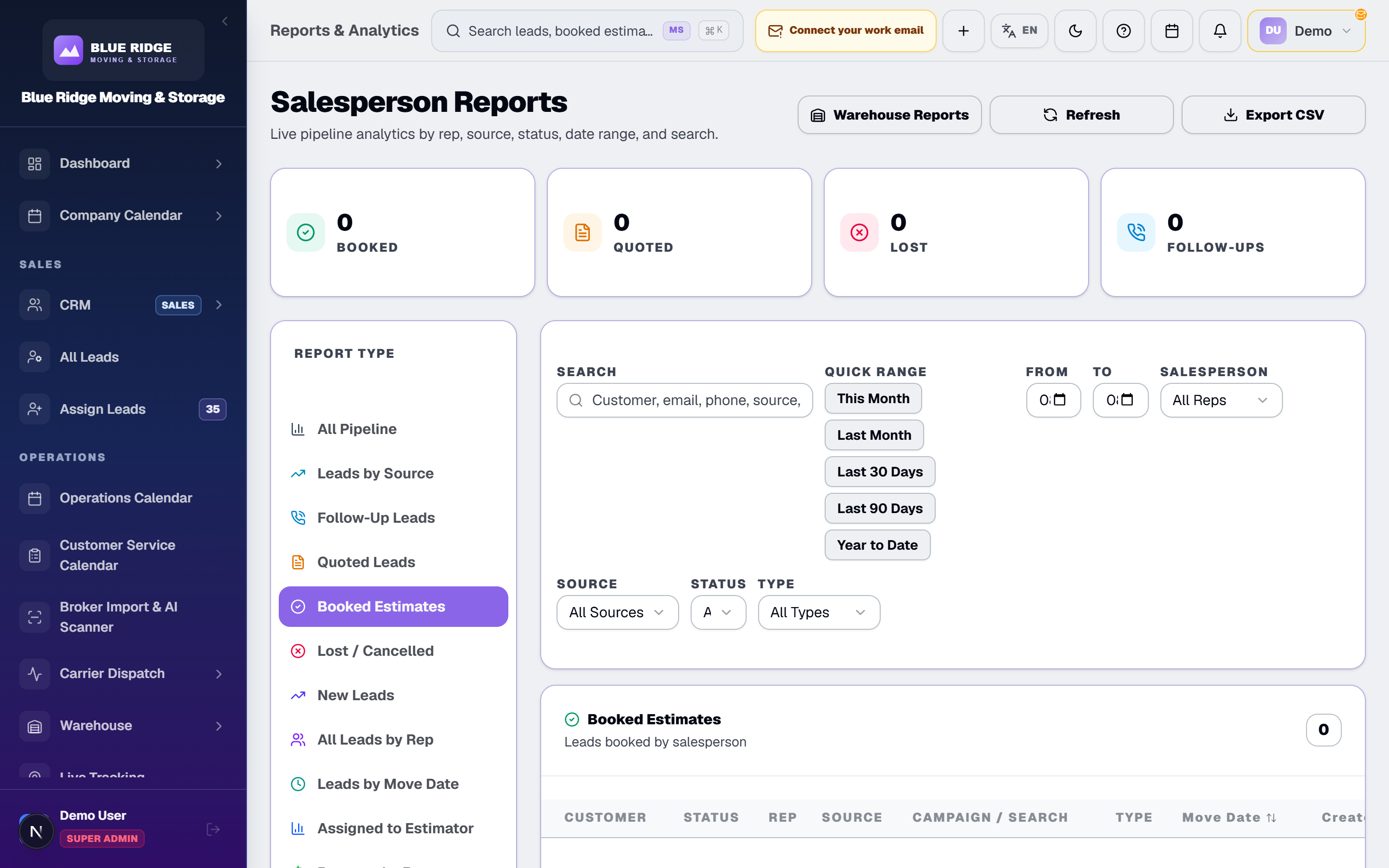 Reports screen summarizing moving company performance